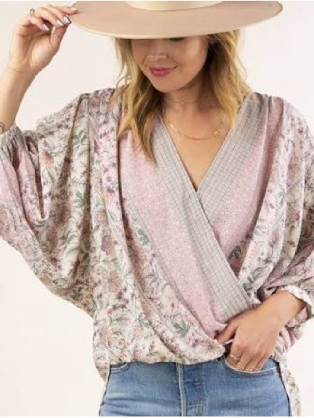 lovestitch Dusty Pink Floral Mixed-Print Wrap Blouse